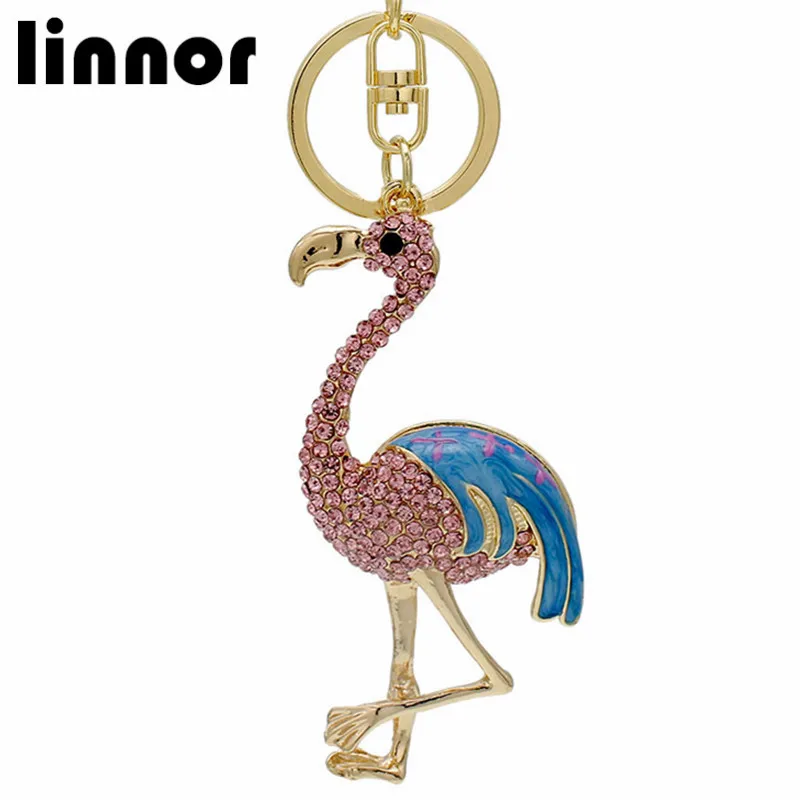 Linnor модные милые розовые Брелоки для ключей с Фламинго Кристалл страуса брелок
