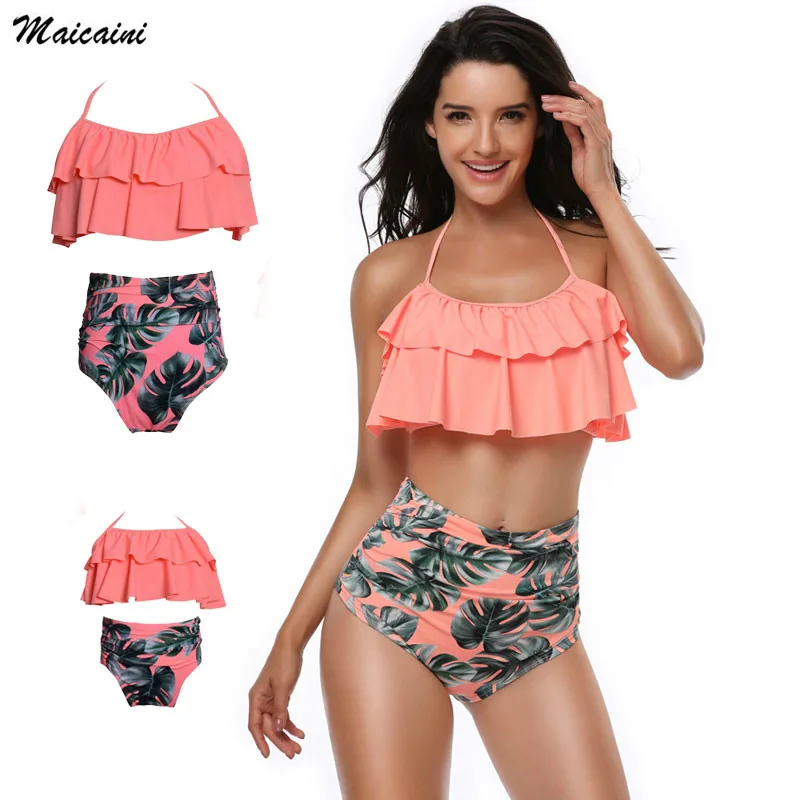 Summer Family Match Swimsuit Mother Daughter Women Girls Swimwear High Waist Bikini Set Kid Bathing Suit Monokin | Мать и ребенок