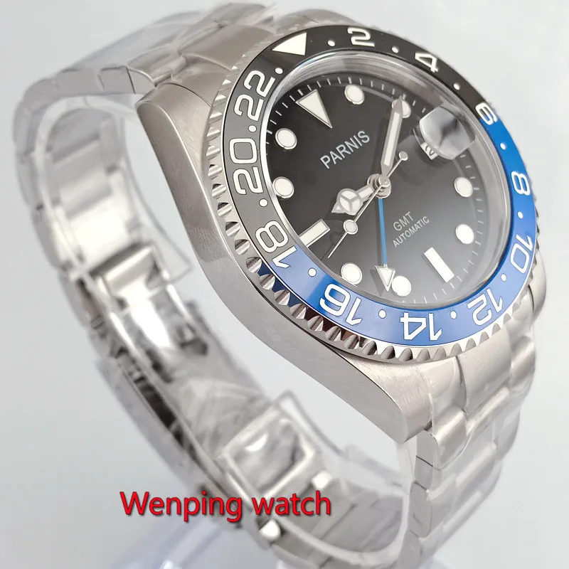 Мужские часы PARNIS 40 мм с черным циферблатом синим GMT Sapphire датой автоматического