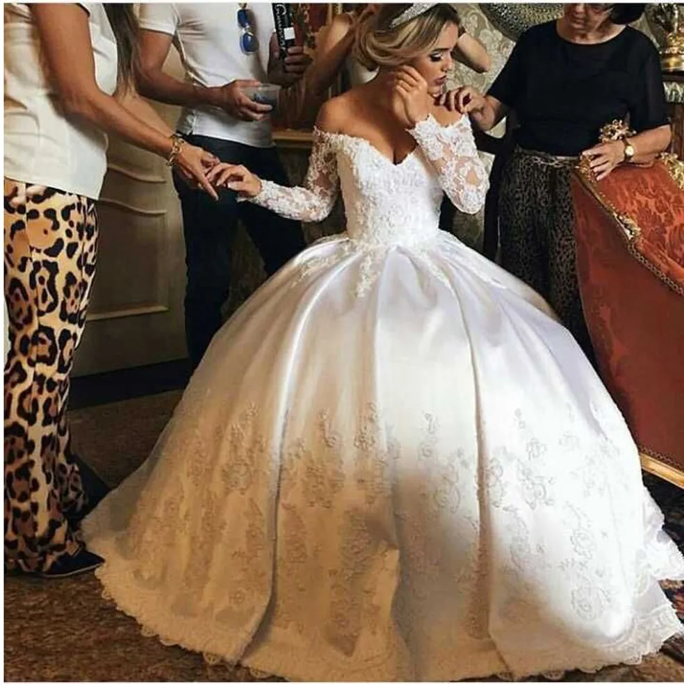 Романтические Винтажные Платья Vestidos De Noiva Пышные свадебные платья бальное платье с длинным рукавом свадебные платья блестящее атласное свадебное платье