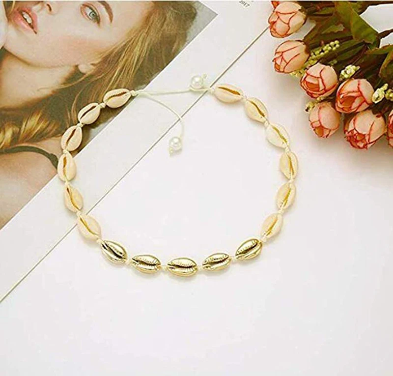 BRIGHT MOON Boho Natural Gold Shell Choker Necklace Adjustable Cowrie Seashell Handmade Rope Cord Beach Jewelry for Summer | Украшения и