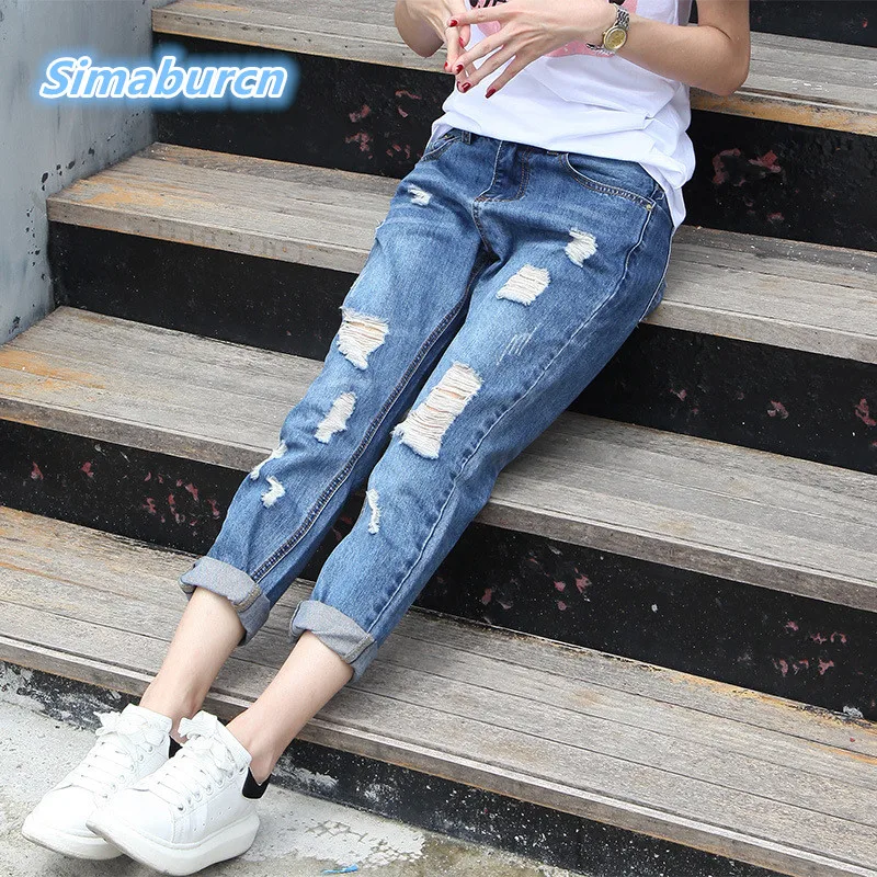 

2018 New Arrival Summer Women Jeans Trousers Casual Vintage Denim Pants Mid Waist Girlfriend Loose Hole Ankle-Length Pants Jeans