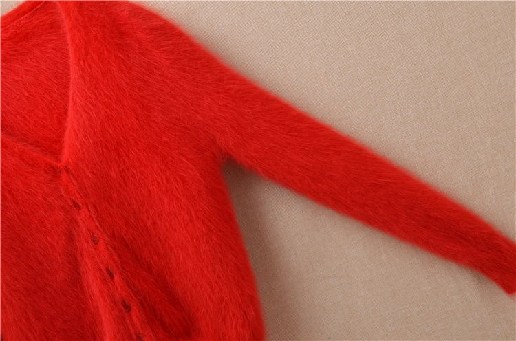 Ladies women autumn red christmas small size plush angora rabbit fur knitted V-neck long sleeves cardigans sweater coat winter |