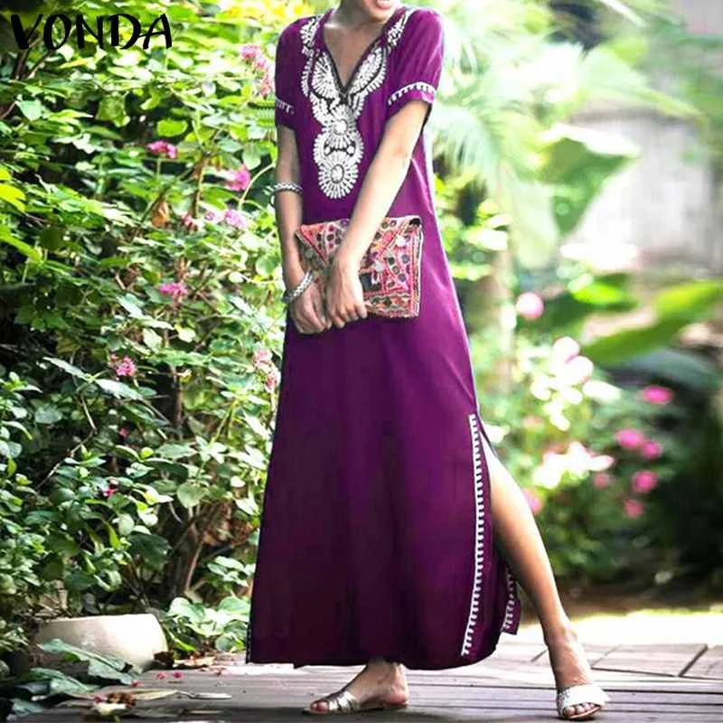 VONDA, женское платье с принтом,, летнее, повседневное, сексуальное, v-образный вырез, короткий рукав, с разрезом, одноцветное, макси платье, элегантное, Vestidos размера плюс