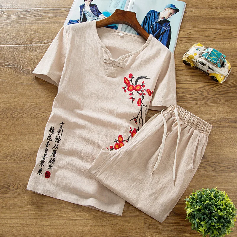 Новый летний льняной комплект Мужская хлопковая футболка облегающие однотонные