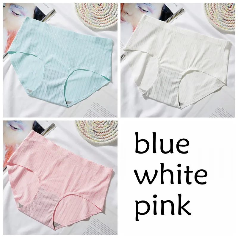 blue white pink SP& CITY, 3 шт., Полосатое бесшовное нижнее белье для женщин, ледяной шелк, сексуальные менструальные трусики, набор, средняя талия, хлопковые трусы, женское нижнее белье - Color: blue white pink