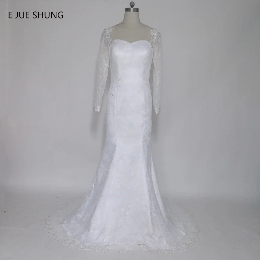 

E JUE SHUNG robe de mariee White Lace Long Sleeves Mermaid Wedding Dresses Sheer Back Beach Wedding Gowns vestido de novia