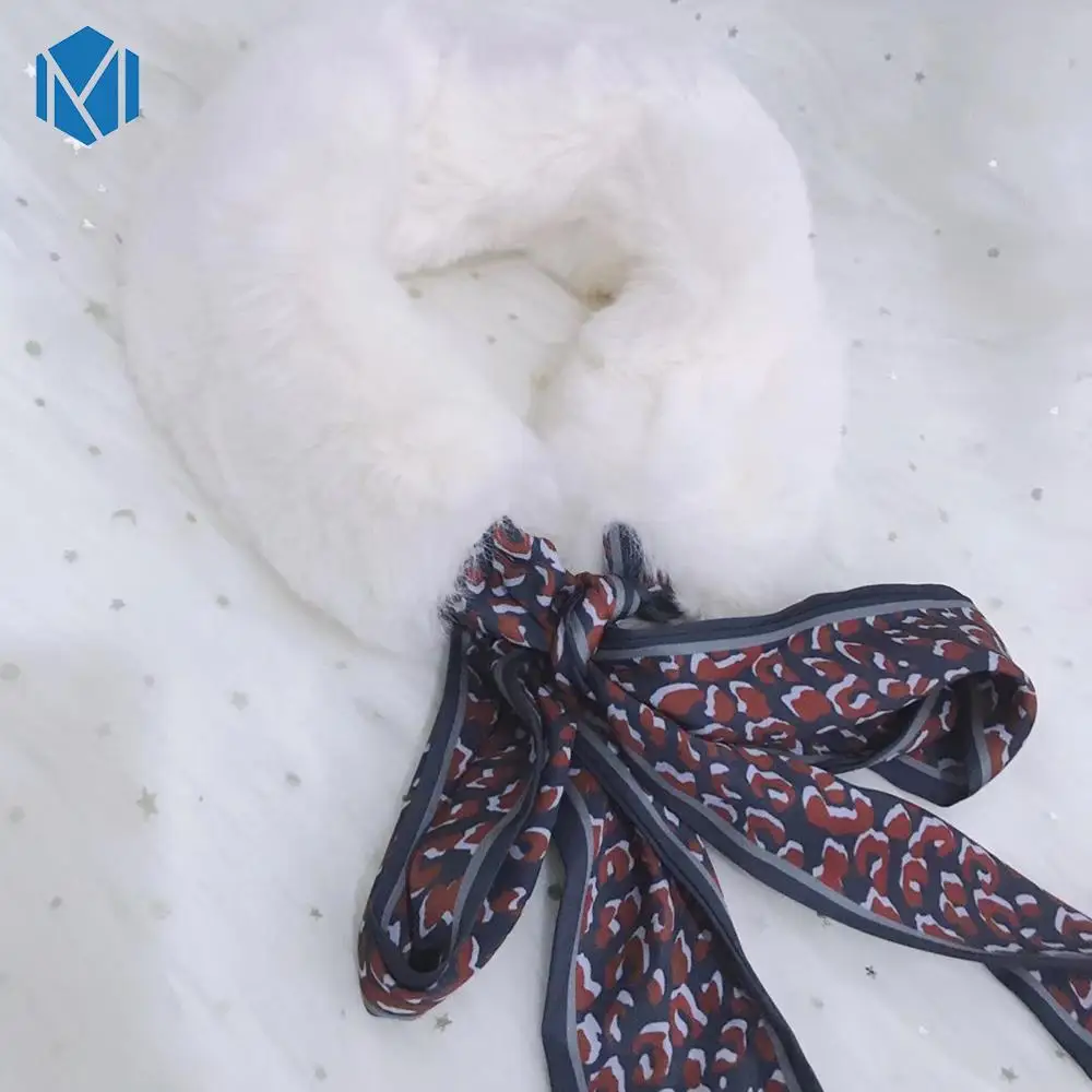 white Новинка, Модный мягкий женский шарф с воротником из искусственного кроличьего меха, теплый зимний шарф из плюша и шелка с леопардовым принтом, элегантные шарфы для девушек и девушек - Цвет: white