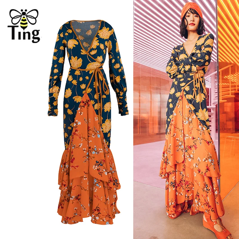Tingfly Boho V образным вырезом с цветочным принтом Макси длинное платье леди цвет лоскутное оборками Макси платья для вечеринок Винтаж Дизайнер Vestidos