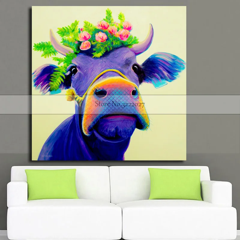 Холст PaintingHome Декор стены Искусство синяя корова животное картина маслом квардро