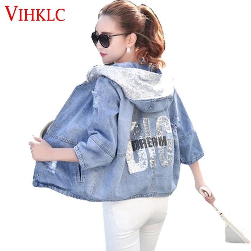 Демисезонный Свободная джинсовая куртка 2017 женская обувь неупакованные блестки