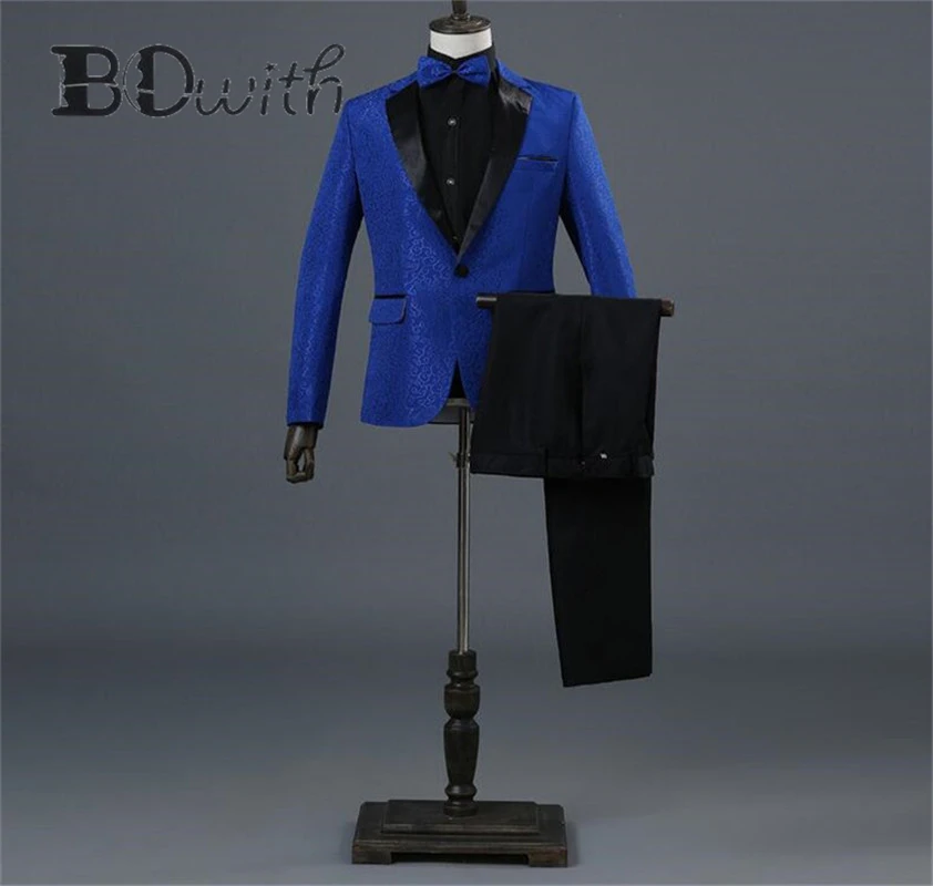 Шаль Воротник на одной пуговице элегантный синий Slim Fit 2 шт. (пиджак + брюки) для