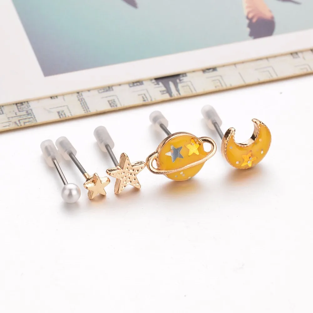 BIG J.W Minimalist Blue Star and Moon Stud Earrings Cute Delicate Yellow Jupiter Earth Personalized 5 Set | Украшения и