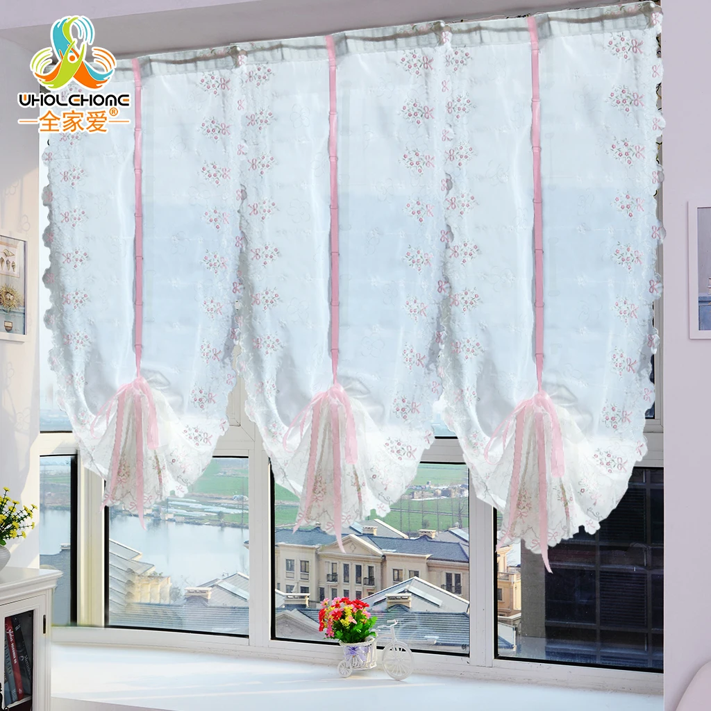 

Pink Bowknot Window Roman Curtain Pastoral Tulle Embroidered Sheer For Kitchen Living Room Bedroom Window Curtain Screening