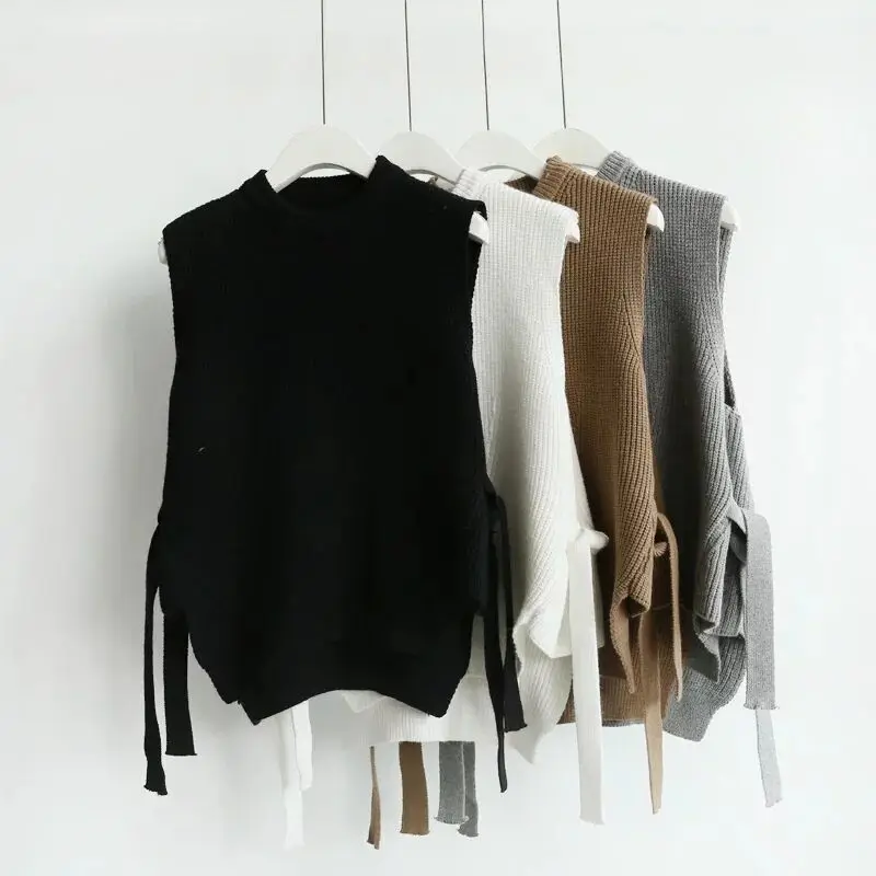 MUMUZI Spring 2021 Wool Sweater Vest Women Sleeveless O-Neck Knitted Female casual tank tops pullover lace up split side | Женская