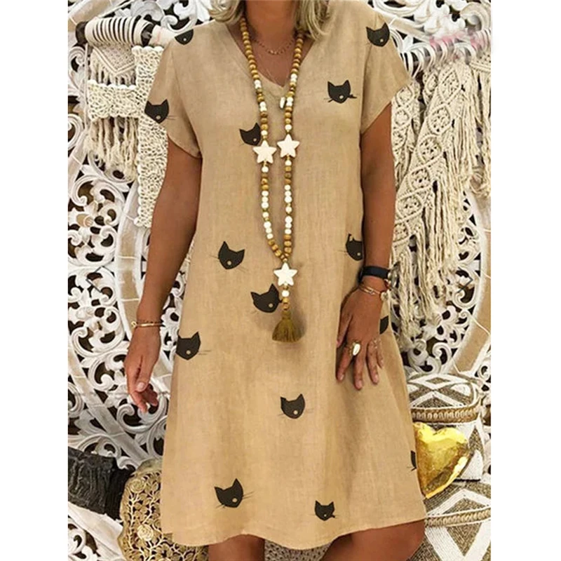 Женское платье с коротким рукавом V-образным вырезом и принтом кошки