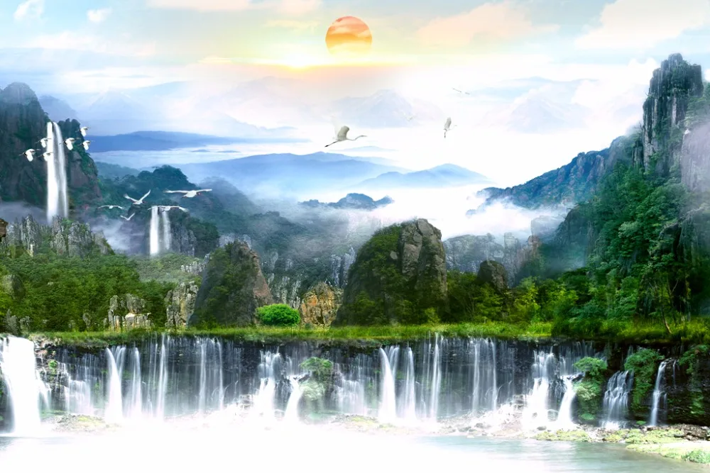 Китайские большие 3D занавески высокие горные пейзажи пейзаж оконные для