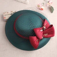 2016 new design bride wedding hat vintage green silk felt red bowler veil fascinator hat for royal tea party bride headwear