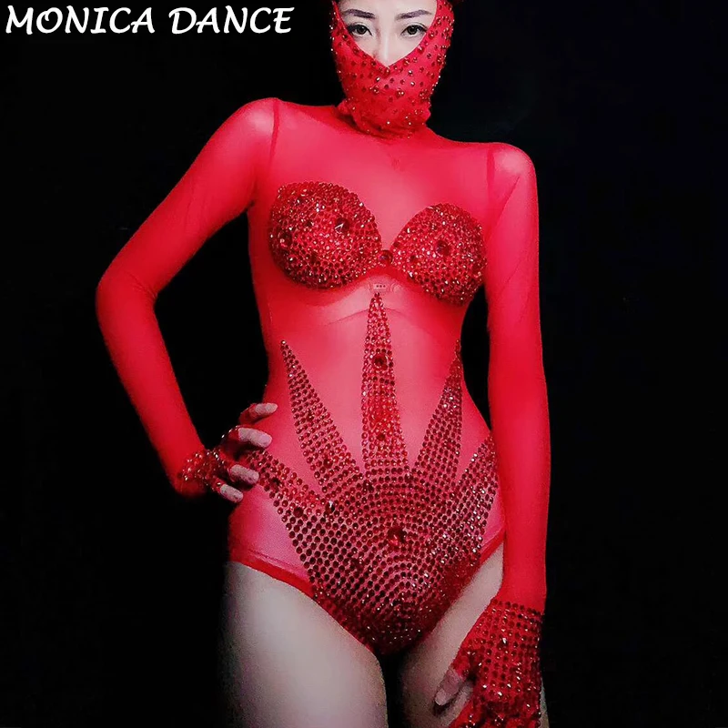 Sexy Sparkly Red Rhinestone Mesh Bodysuit Performance Dance Outfit Women Bar Dance Stage Party Sexy Costume Celebrate Bodysuit