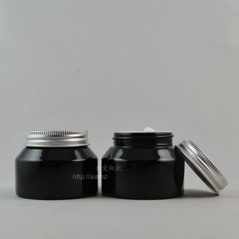 50pieces empty High quality 50g shiny black cream jar with silver lid, 50g cosmetic glass jar or cream container, eye cream jar