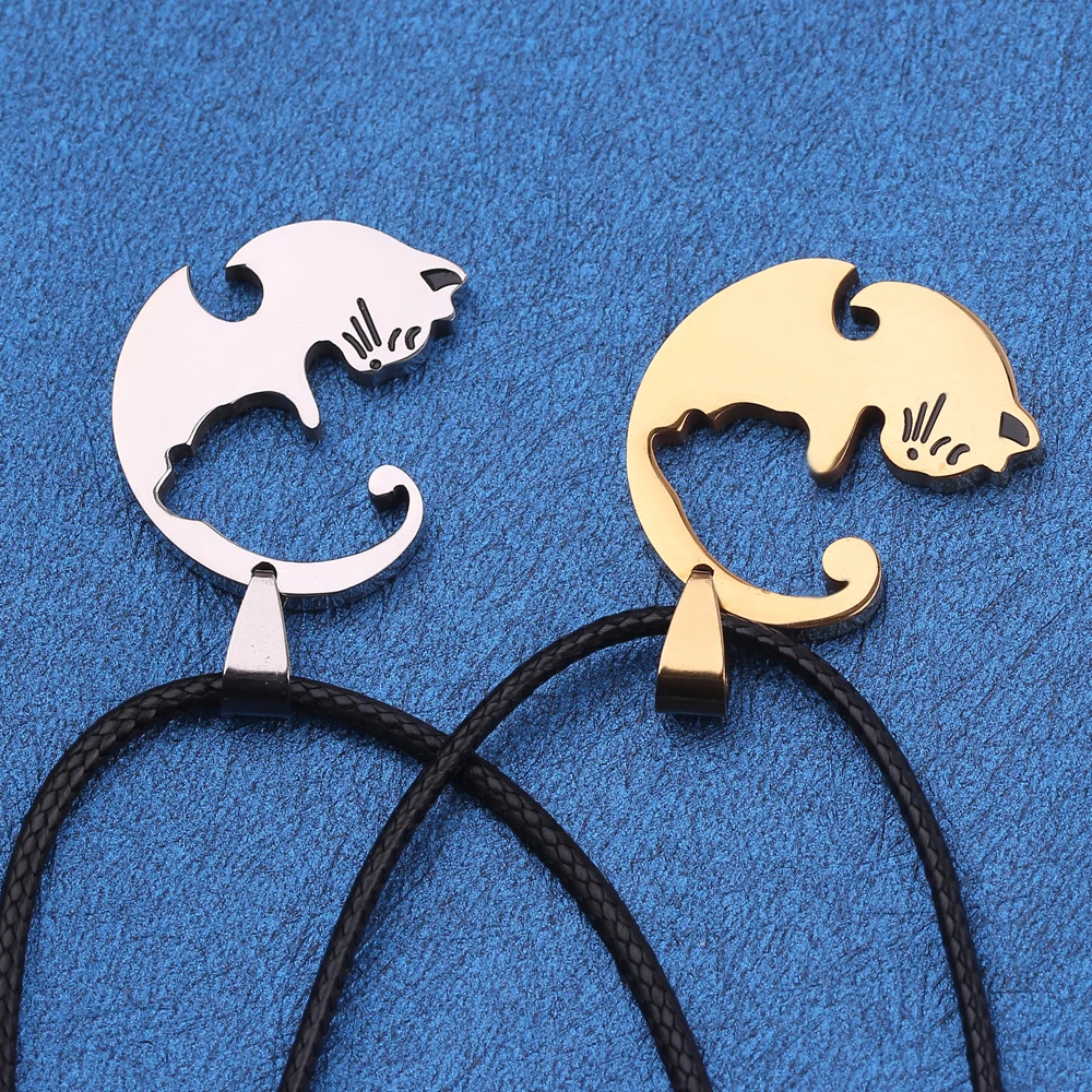 Каваи животное кошка обнимает кулон ожерелья из нержавеющей стали черный