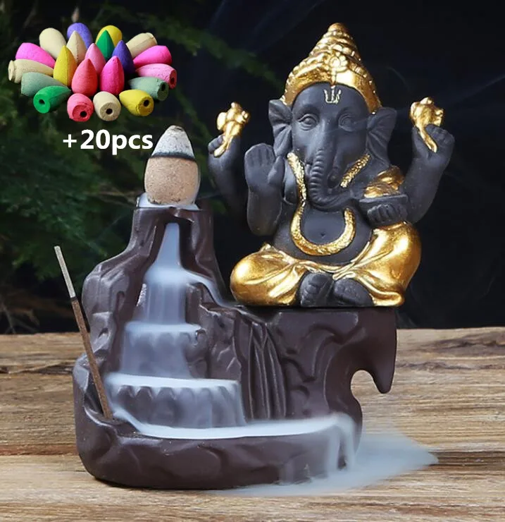 Gold A-Mixed NOOLIM Ganesha горелка для благовоний с обратным потоком слон Бог эмблема благоприятный и успех керамическая конусная кадильница домашний декор с 20 шт. конусами - Цвет: Gold A-Mixed