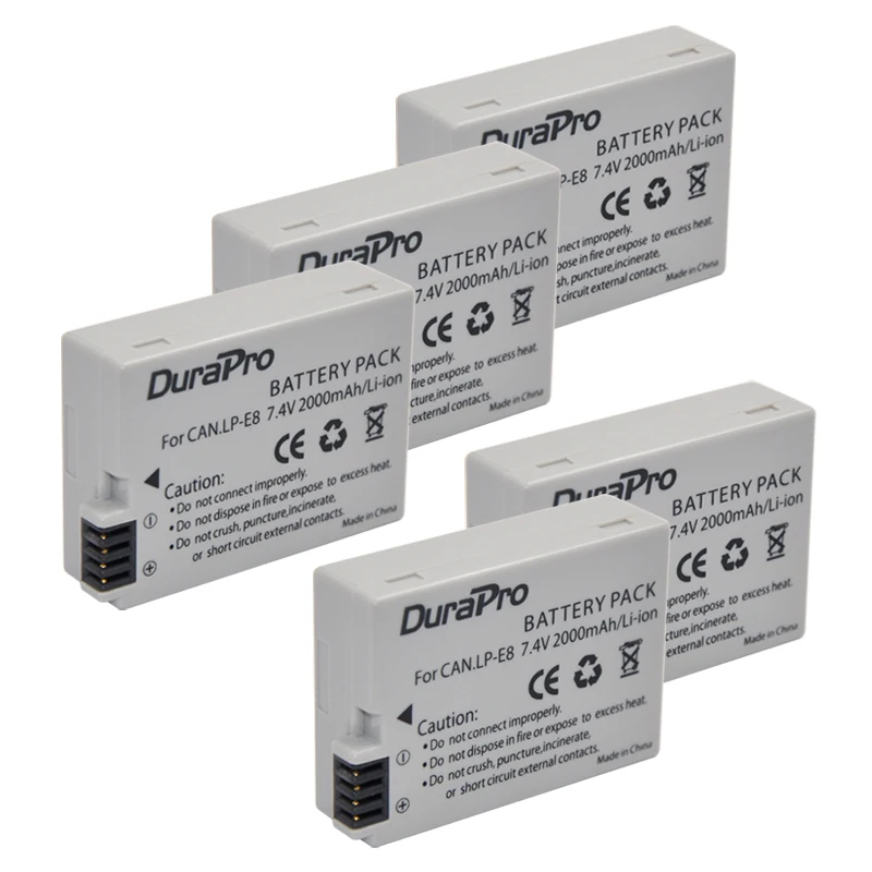 5 шт. DuraPro 1800 мА/ч, LP-E8 LP E8 LPE8 Перезаряжаемые Камера Батарея для Canon 550D 600D Батарея Высокое качество с фабрики