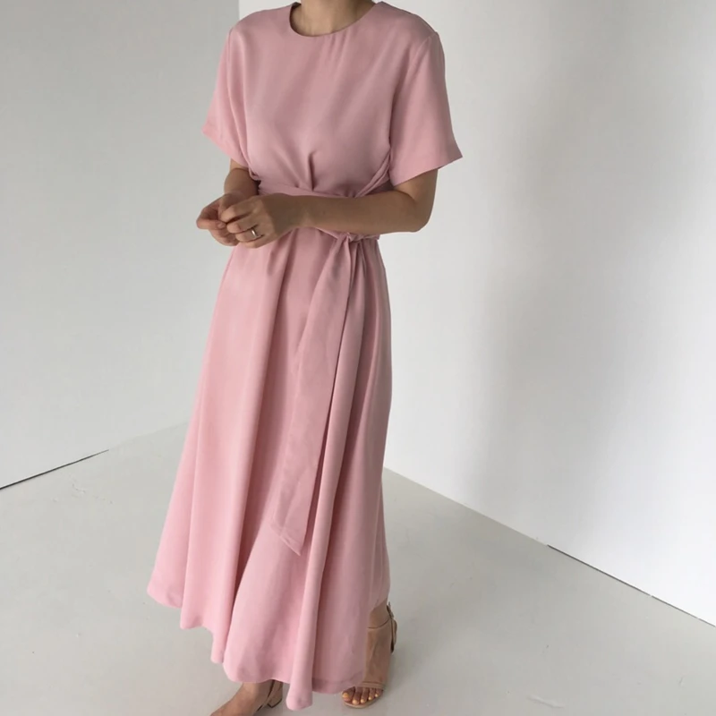Dusky Pink Платье макси с поясом, с коротким рукавом, из гладкого шифона, розовое, голубое, белое, элегантное, летний наряд - Цвет: Dusky Pink