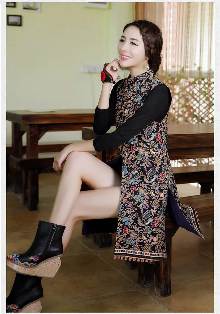 Woman Vest New Arrival Chinese Style Women Sleeveless Jacket Vintage Print Long Slim Ethnic Waistcoat Cotton Linen Tops f1073