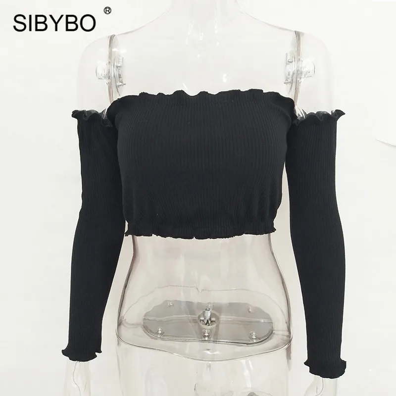 Sibybo Женская трикотажная короткая футболка с открытыми плечами, осенняя белая женская футболка с длинным рукавом, хлопковая элегантная Летняя Сексуальная укороченная женская футболка