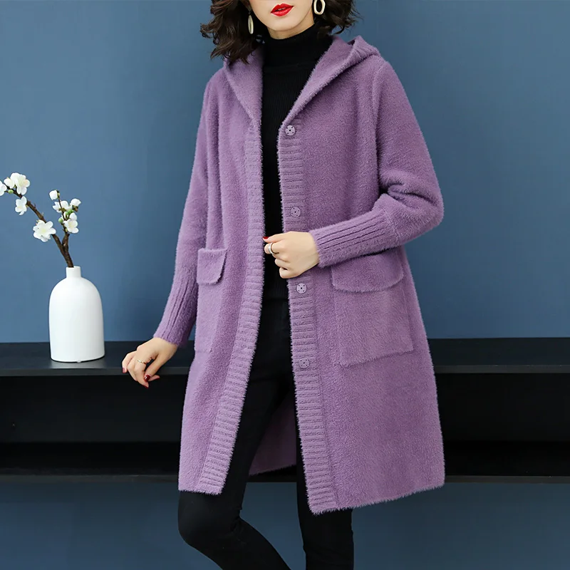 Женское длинное шерстяное пальто 3XL однотонное теплое с капюшоном на осень и зиму