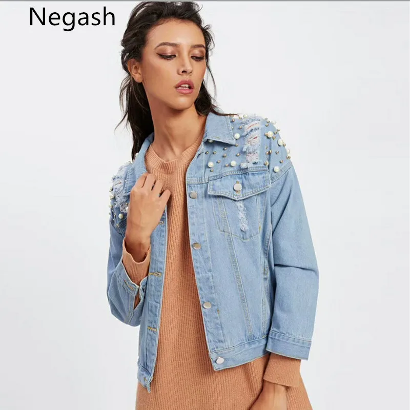 Жемчуг Bading пальто отверстие с длинным рукавом Однобортный джинсовая куртка для