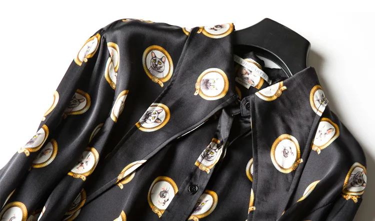 100% натуральный шелк блузки кошка принт длинный рукав Блузка Топы Для Женская