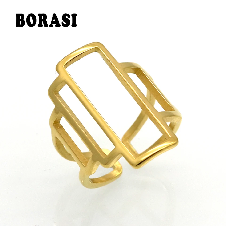 

BORASI Women Open Rings Stainless Steel Unique Hollow Geometric Design Cocktail Finger Ring Gold Color Fashion Jewelry 2017