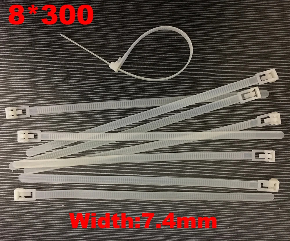 

100 шт. 8x300 8*300 мм (ширина 7,4 мм) белый Nylon66 Сетевой электрический провод с застежкой-молнией пластиковый Relesable многоразовый кабель