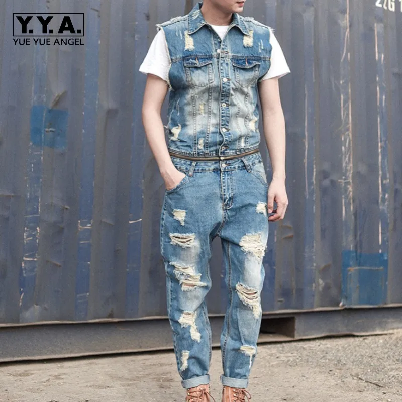 Mens Personality Removable Zipper Waist Jumpsuit Hole Ripped Jeans Sleeveless Romper Washed Denim Overalls Pants Trousers 2XL