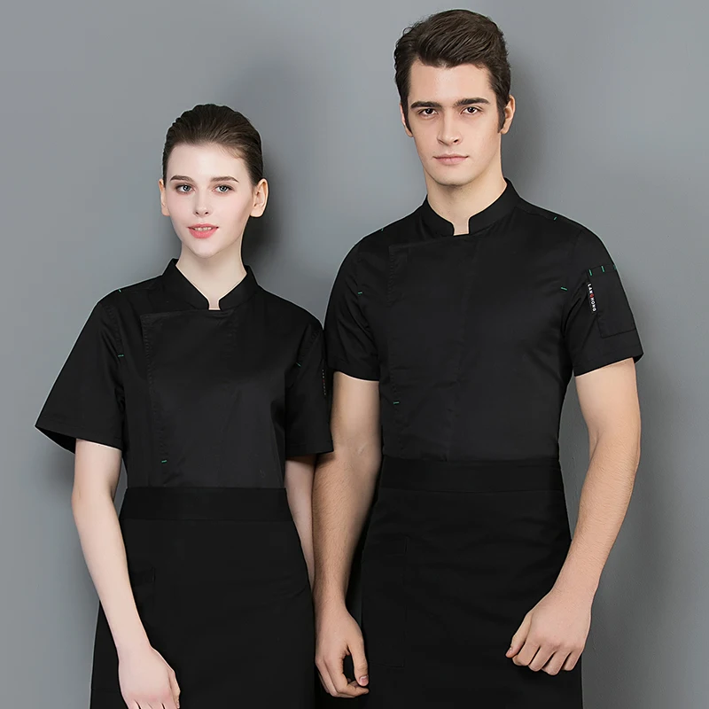 black Новая мужская форма шеф-повара Женская еда с коротким рукавом Одежда для ресторанов отель кухня рабочая одежда официанта одежда - Цвет: black