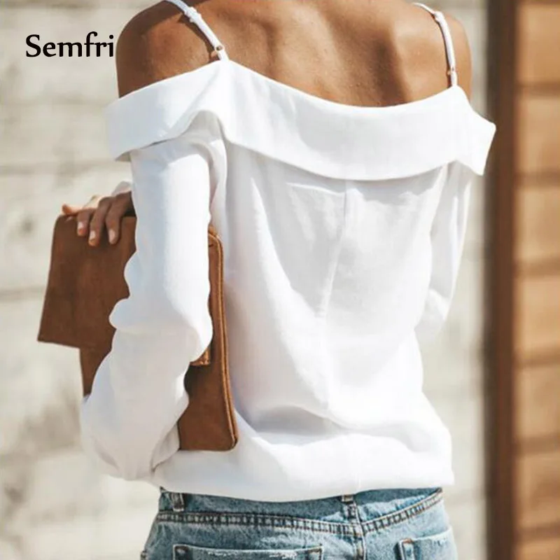 Sempi Женская Туника белая рубашка с открытыми плечами длинным рукавом Осенние