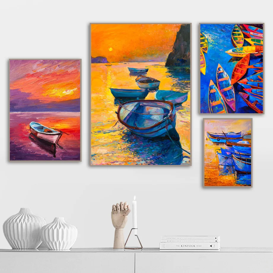 Корабль лодка закат море пейзаж скандинавские плакаты и принты настенная