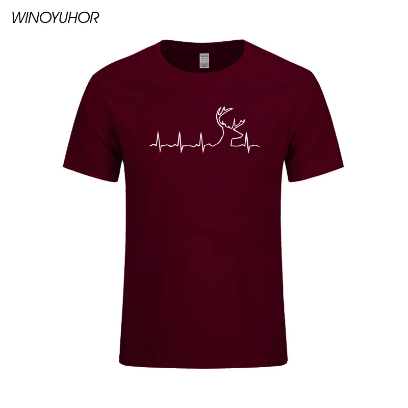 

Hunter Heartbeat Dear Head Print T Shirts Men Summer Casual Short Sleeve Cotton Tops Funny Mens T-shirts Camisetas