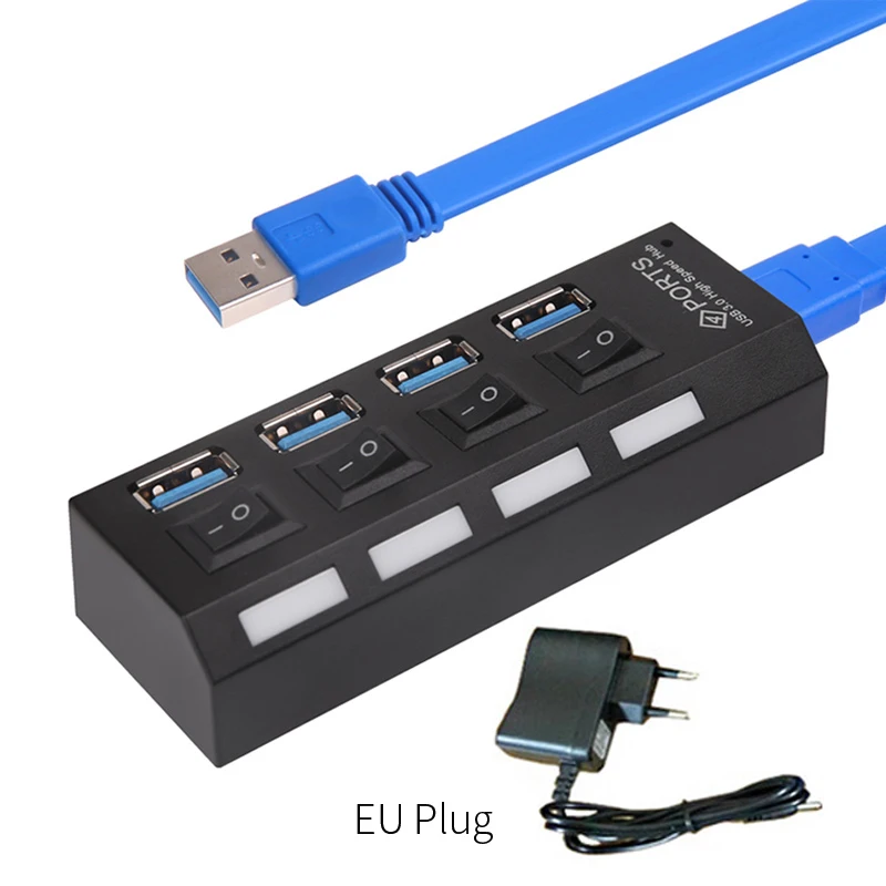 Rosinop, высокоскоростной usb-разветвитель, 4, 7 портов, мини, мульти USB концентратор, 3,0 переключатель, hab, USB концентратор с адаптером питания, аксессуары для компьютера, ПК - Цвет: 4 Ports 3.0 black EU