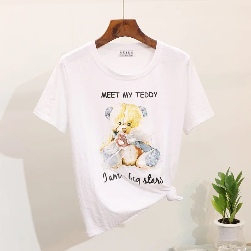 2019 Весна и лето новая женская футболка жемчужные блестки мультфильм Медведь