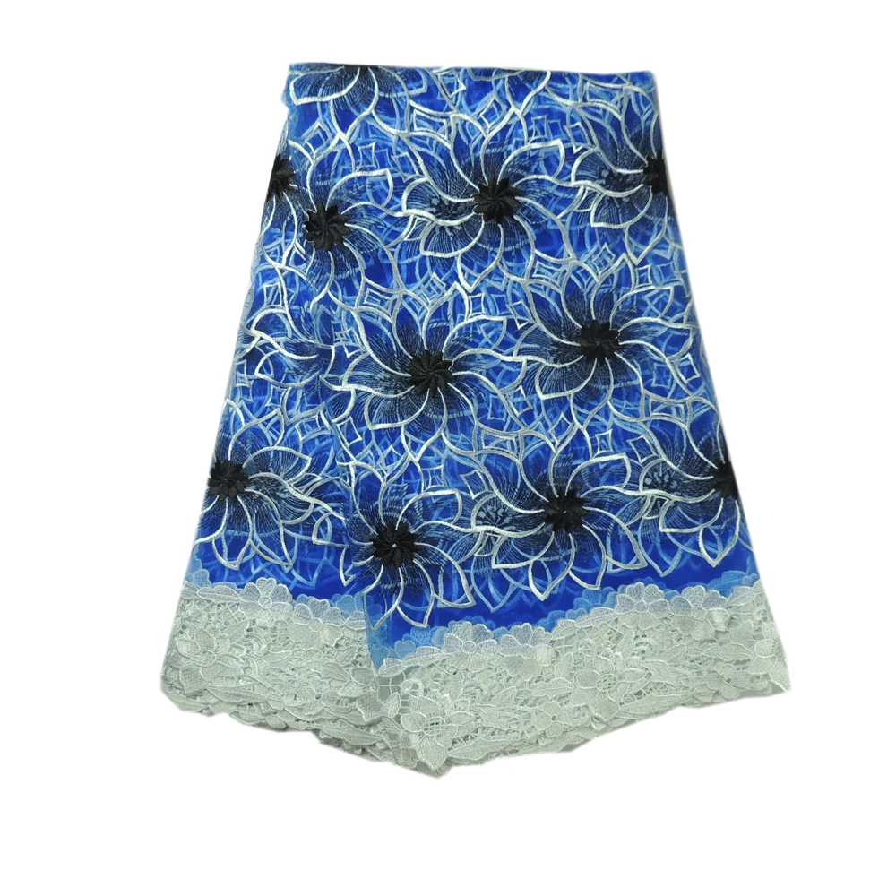 Африканский Кружево Ткань 2017 вышитые в нигерийском стиле S белого и синего цвета