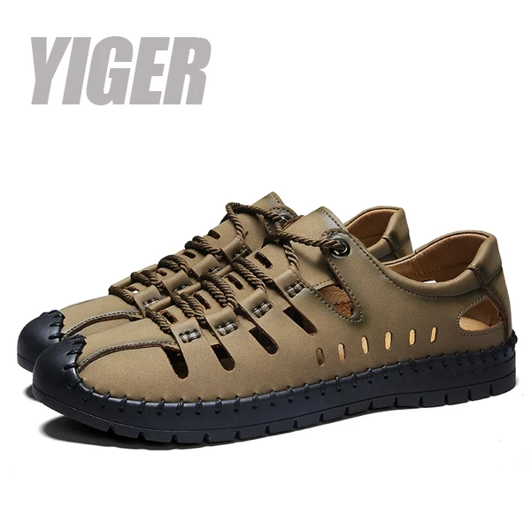 khaki hole shoes YIGER/мужские сандалии; повседневные пляжные шлепанцы; мужские летние уличные сандалии из натуральной кожи; Новинка; мужские сандалии для отдыха; обувь с отверстиями; большие размеры; 0343 - Цвет: khaki hole shoes