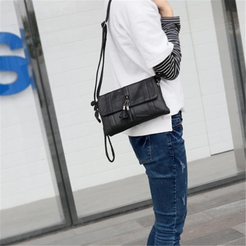 

Han Style Black Genuine Leather Casual Travel Women Mini Messenger Bag Fashion Sheepskin Mobil Phone Mini Women HandBags
