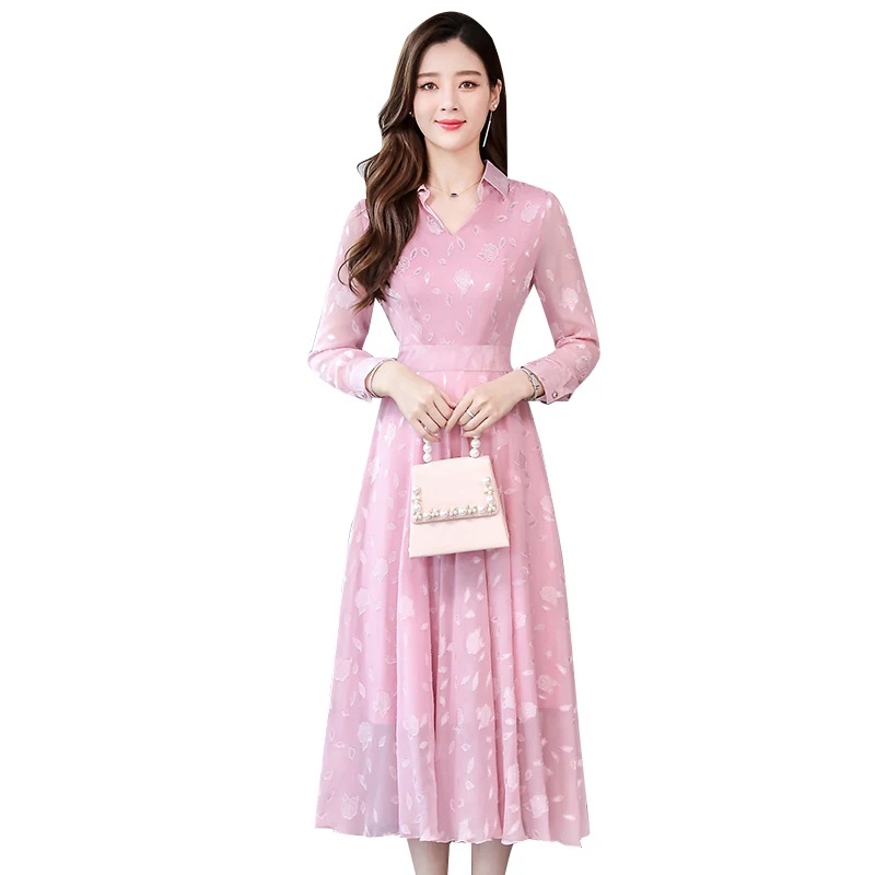 Dingaozlz Vestidos, M-3XL, новинка, отложной воротник, повседневное платье, тонкий длинный рукав, плюс размер, платье,, Осеннее шифоновое платье