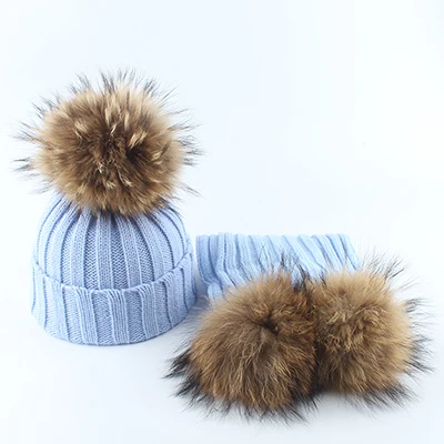 blue set Модные детские зимние шапки с большим меховым помпоном, вязаная теплая шапка для детей, вязаная шапочка с помпоном для мальчиков и девочек - Цвет: blue set