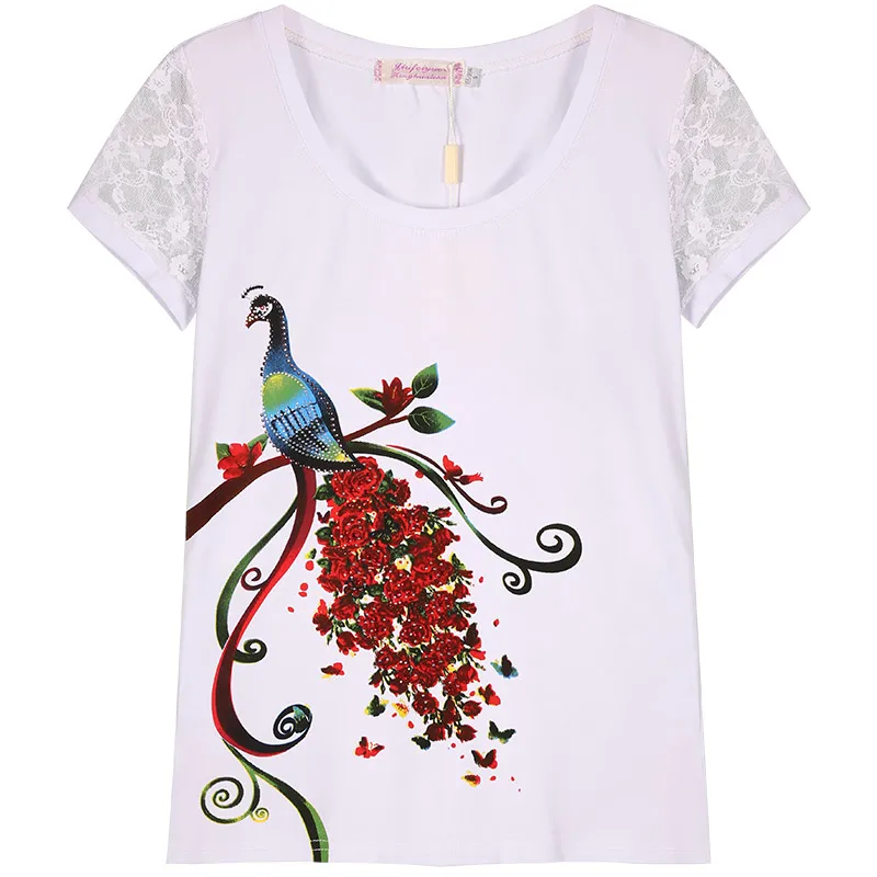 Женские футболки Стразы новые женские летние топы с павлиньими цветами и