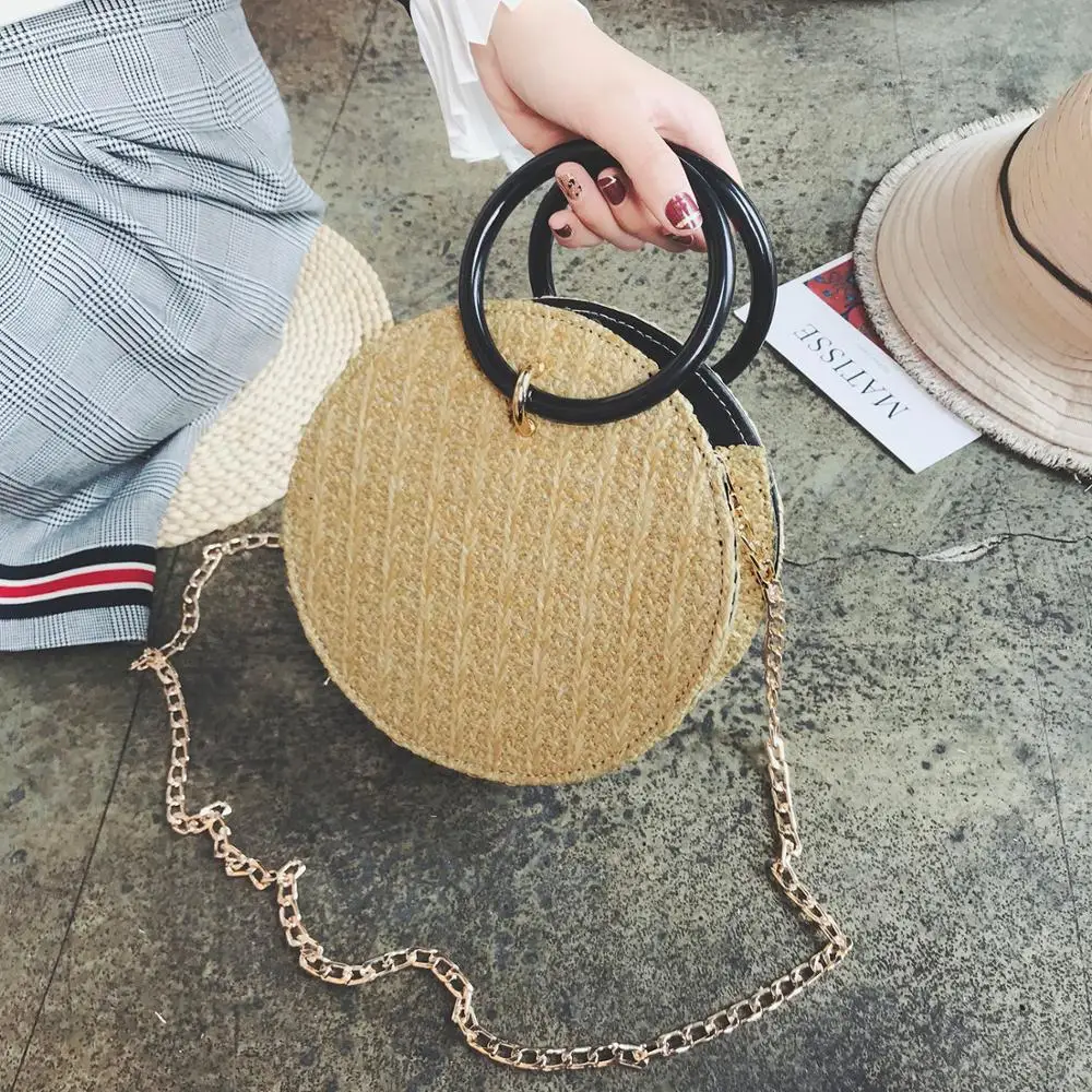 2019 Женская винтажная круглая плетеная соломенная тканая сумка из ротанга сумки