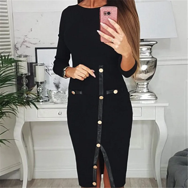 Для женщин Кнопка вязать Bodycon сексуальное платье с разрезом Мода 2019 г. черный